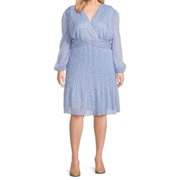 Alex Marie Dress A-Line Flare 24W Long Sleeve Chiffon Polka Blue White Plus Size - Picture 1 of 9